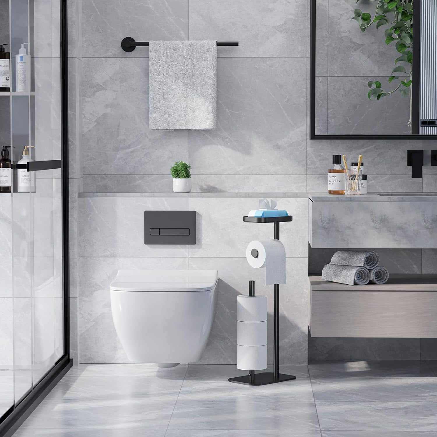Toilet Paper Holder Free Standing – Rustproof Metal Toilet Paper Stand for 4 Rolls with Anti-Slip Base and Shelf for Phone & Small Items, Bathroom Organizers and Storage, Medium, Chrome Silver