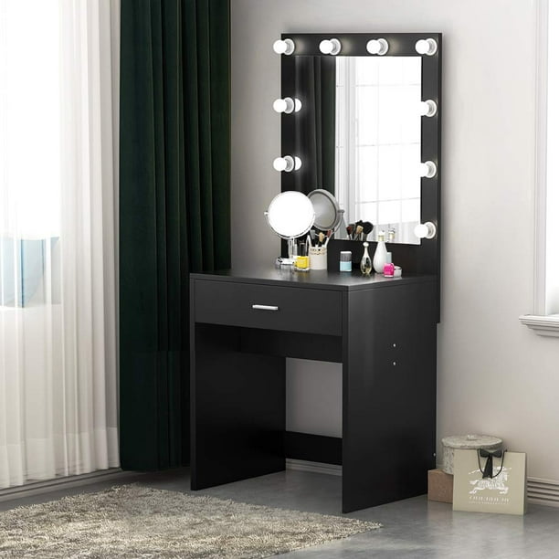 Ubesgoo Makeup Vanity And Lighted Mirror Set With 10 Led Lights Drawer Wooden Dressing Table Bedroom Furniture Black Walmart Com Walmart Com