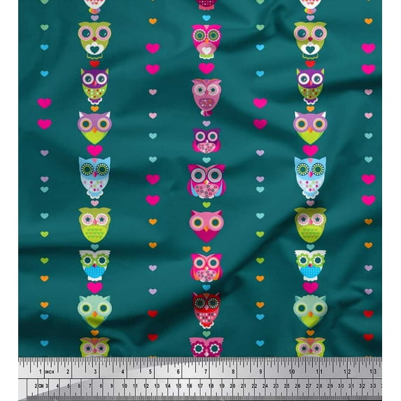 Soimoi Rayon Crepe Fabric Heart & Owl Kids Print Sewing Fabric Yard 46 Inch Wide