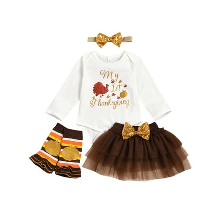 

Frobukio Toddler Baby Girls My 1st Thanksgiving Clothes Sets Romper Tops Tutu Skirts Socks Sequins Headband White 18-24 Months