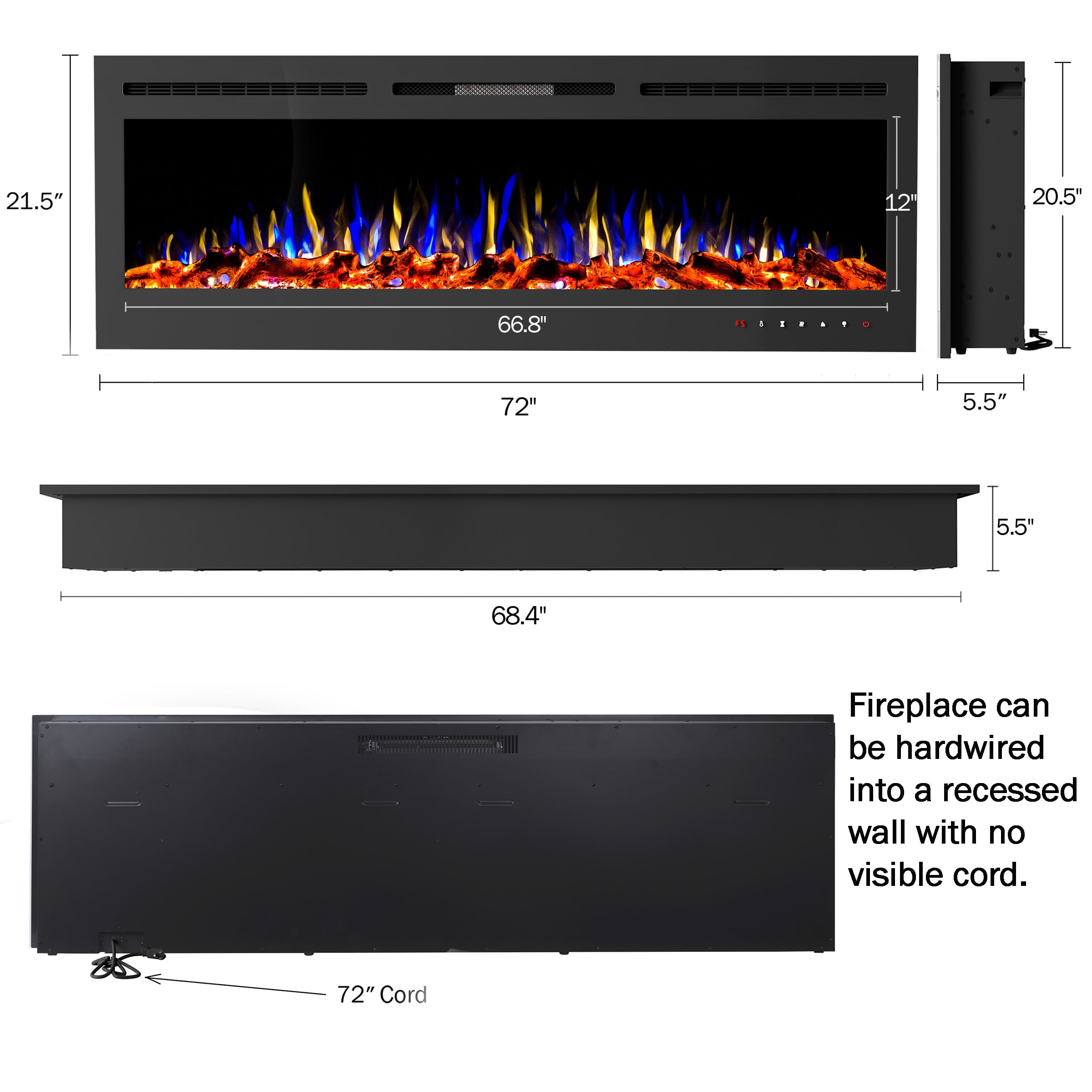 Somerset Home 72-inch Wall Mount Electric Fireplace with Remote Control (Black)