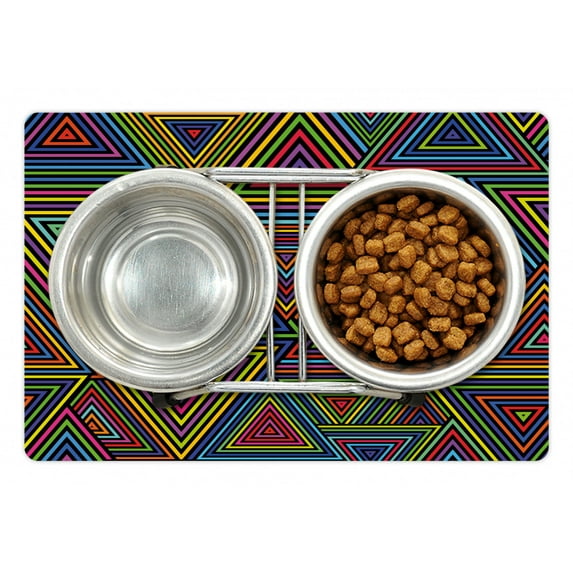 Geometric Pet Mat for Food and Water, Modern Design in Rainbow Colors Triangles Retro 80s Like Pattern Image Artwork, Non-Slip Rubber Mat for Dogs and Cats, 18" X 12", by Ambesonne