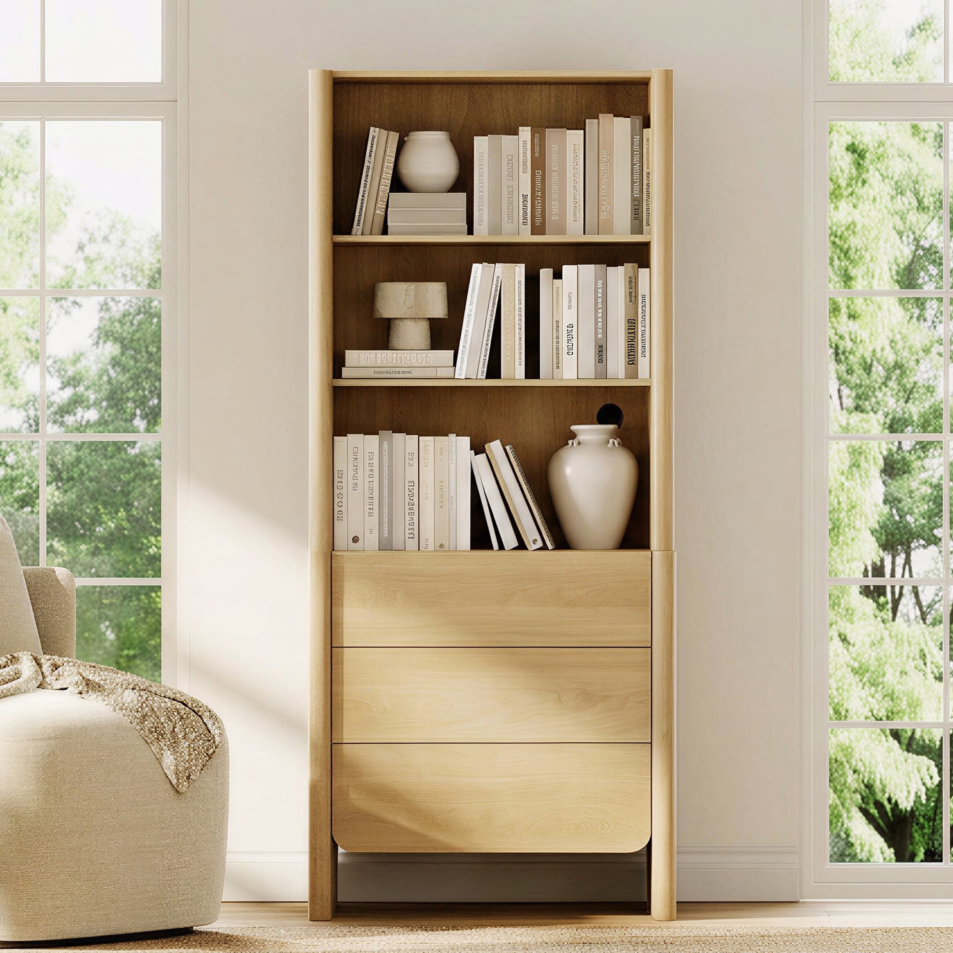 31.5-Inch Modern French Bookcase with Curved Edges, 3 Drawers and Open Shelves, 72.8" Tall, Oak