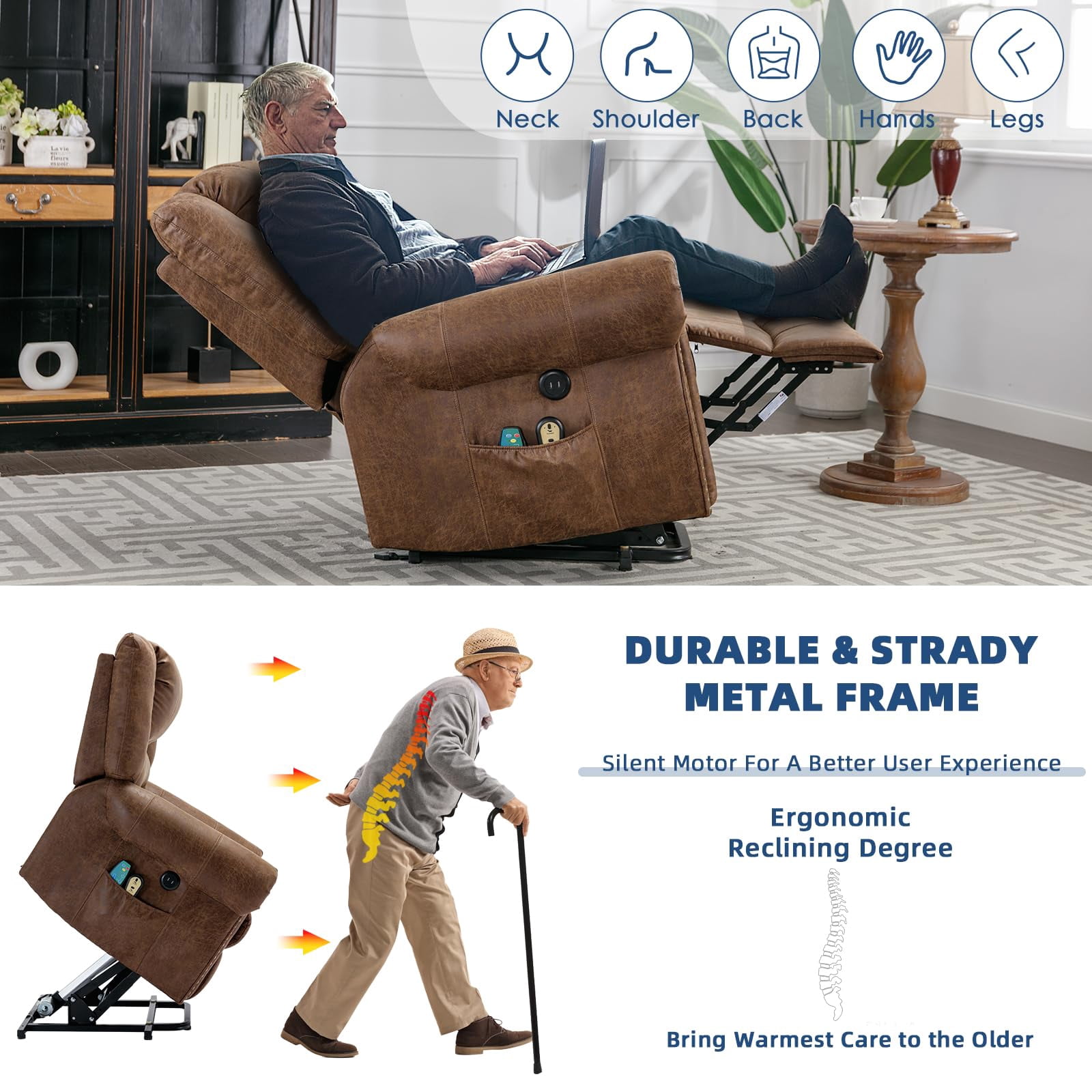 SOCIALCOMFY Power Lift Recliner Chair for Elderly with Massage and Heat, Electric Recliner Chair with Rivet Decoration, 2 Remote Controls, Side Pockets & USB Ports for Home, Office (Nut Brown)