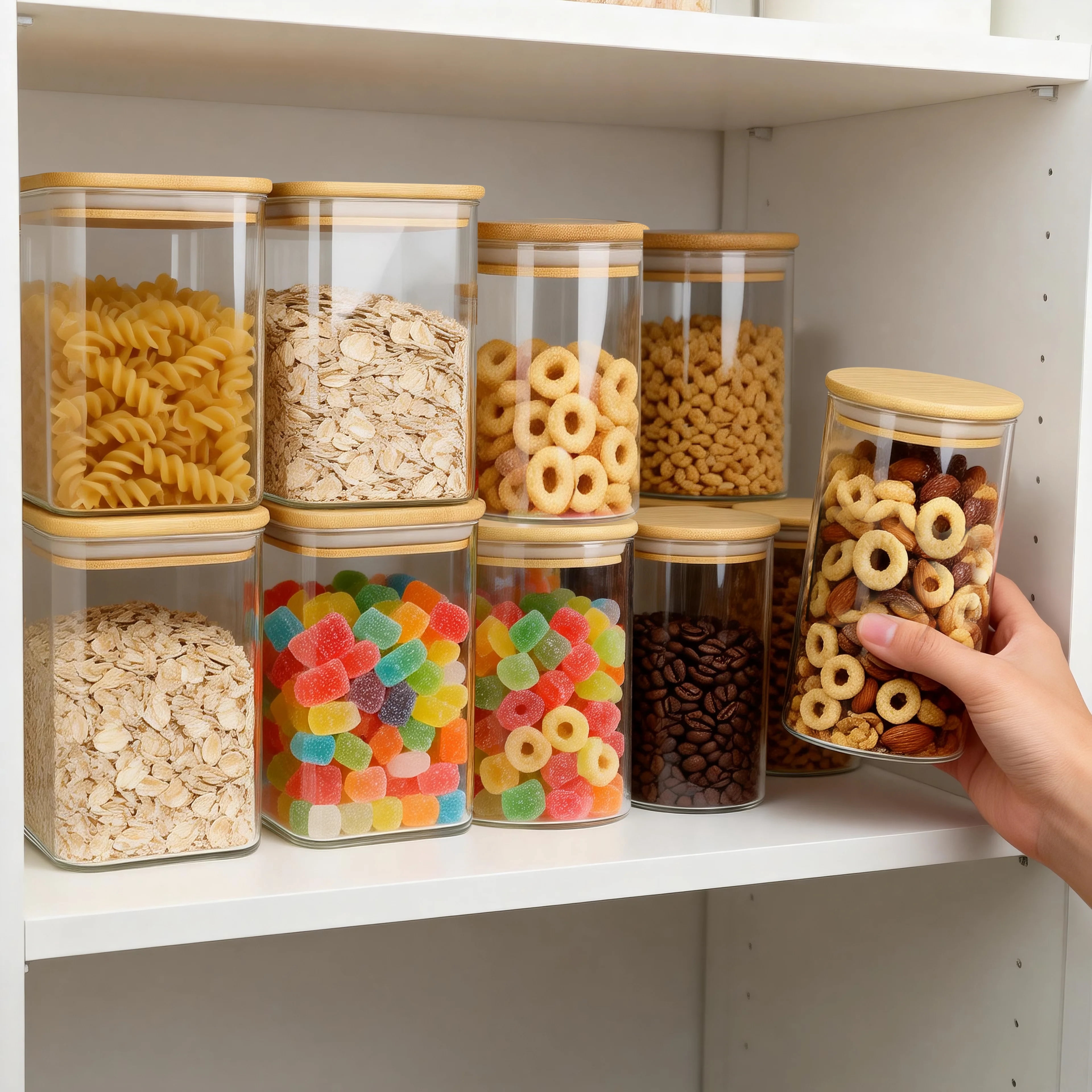 12 Pack Glass Storage Jars Set, 23oz & 37oz Clear Glass Food Storage Containers with Airtight Bamboo Lid, Stackable Kitchen Canisters for Candy, Cookie, Flour, Pasta, Nuts & Spice ( Labels + Marker)