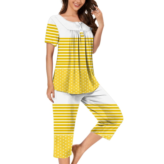 Qiopertar Liquidation à Moins de 5$ Blouse Décontractée à Col Rond Manches Courtes Mode Pantalon Ensemble de Pyjama Grandes Économies de Vacances!