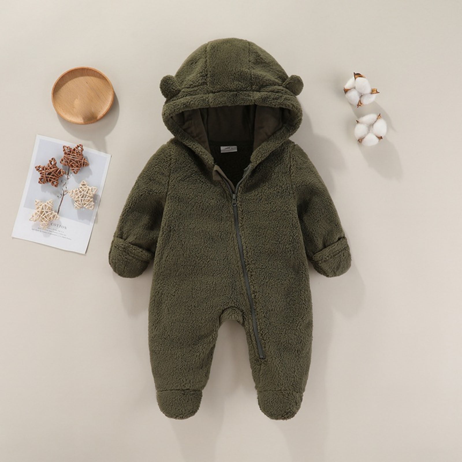 Riecok Baby Boy Girls Winter Warm Rompers Fleece Thick Jumpsuit Cute Bear Ears Hooded Solid Footed Sleepers Infant Onesies Army Green 9 Months