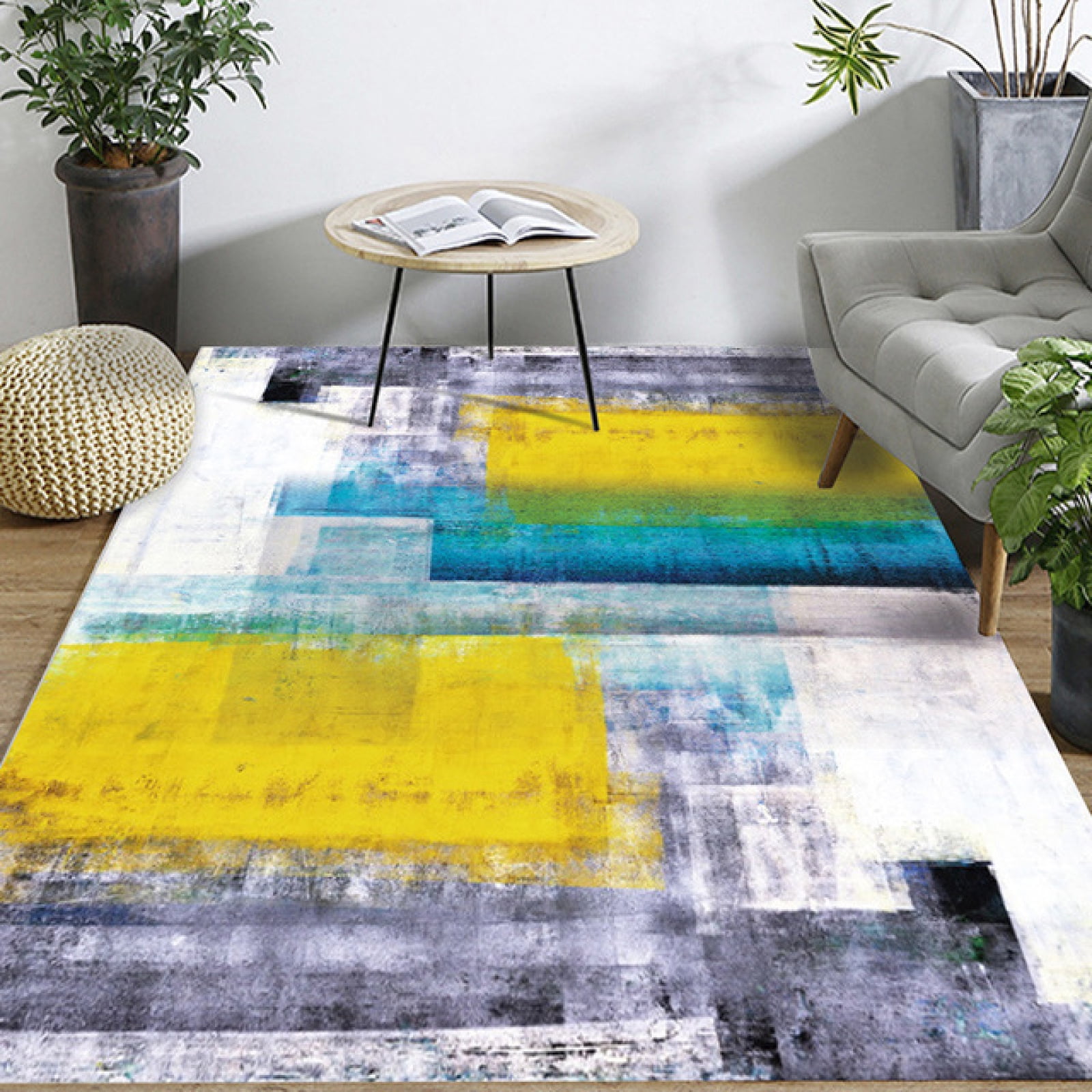 Modern Abstract Yellow Blue Grey Area Rug Ultra Soft Aesthetic Rugs For
