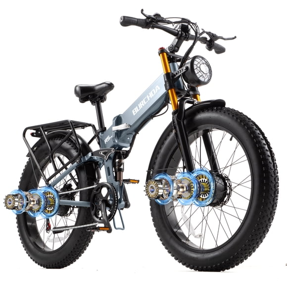 Folding AWD Dual motor Electric Bike for Adults 26'' 5000w UL2849 48v 30Ah, 7 Speeds,4.0 Fat Tire Ebike up to 40MPH Off Road E-mountain Bike Dual Hydraulic Disc Brakes&Suspension Electric Bicycles