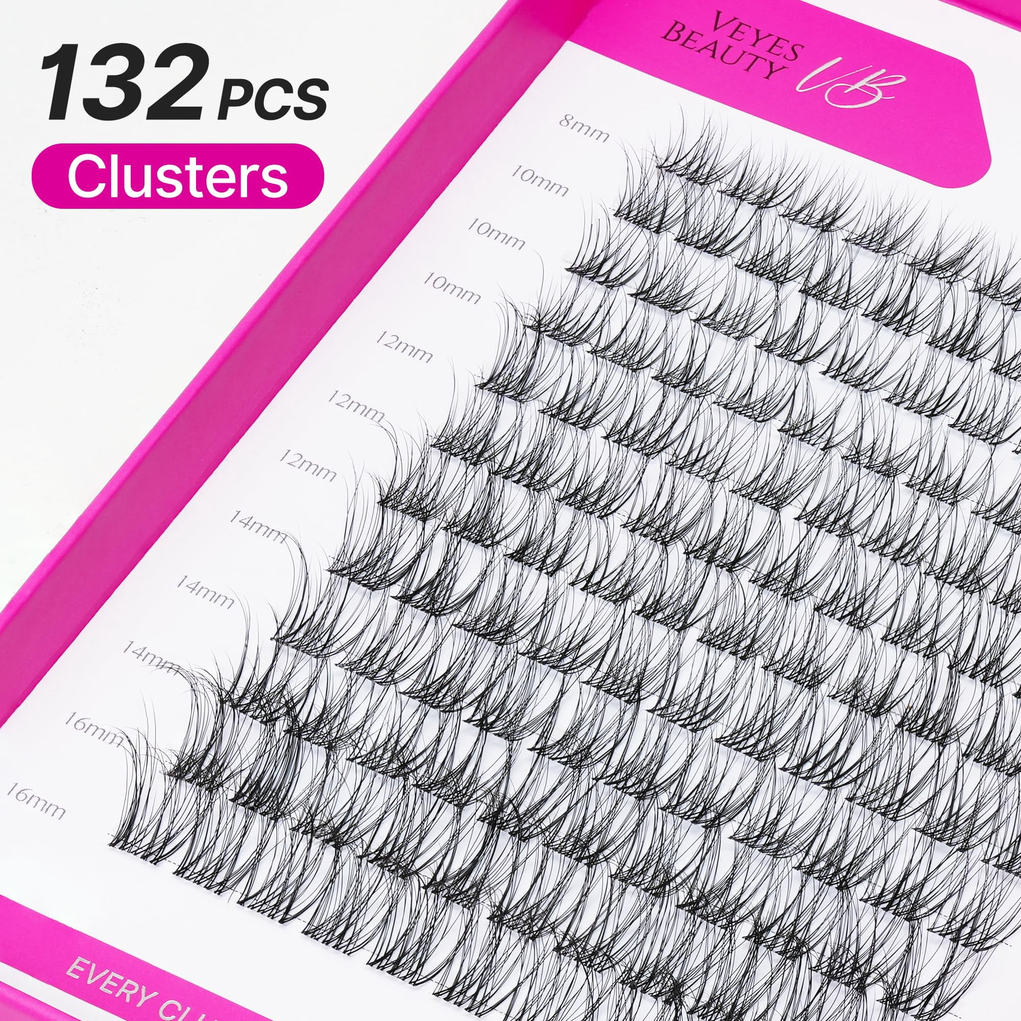 VEYESBEAUTY VB-Care N°10 Lash Clusters 132pcs – Ultra-Light Natural Individual Cluster Lashes with 0.05mm Invisible Band, Hygienic & Reusable Lash Tray