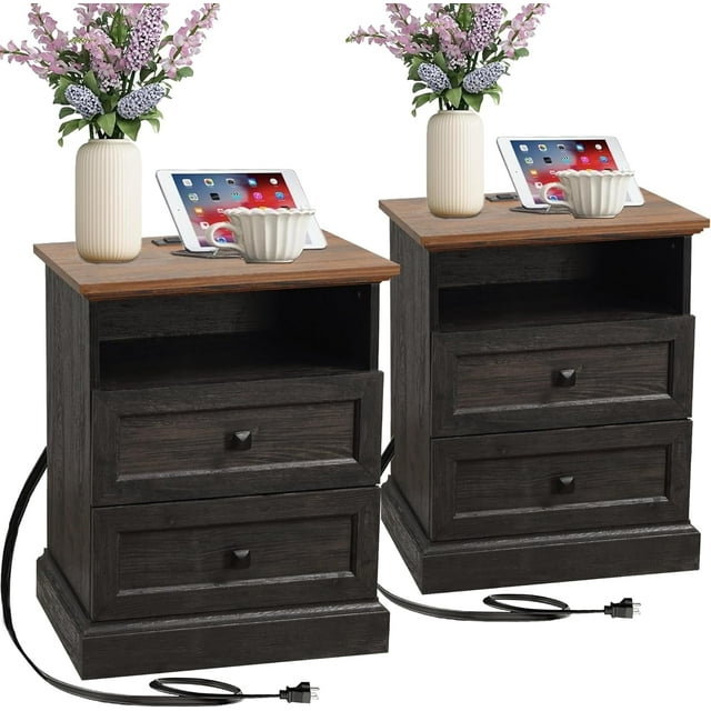 FIAKOA Night Stand Set of 2 with Charging Station,Bedside Table with 2 Drawers Storage and Open Shelf,Nightstand with Outlets, Modern Wood End Table for Bedroom Office, Espresso
