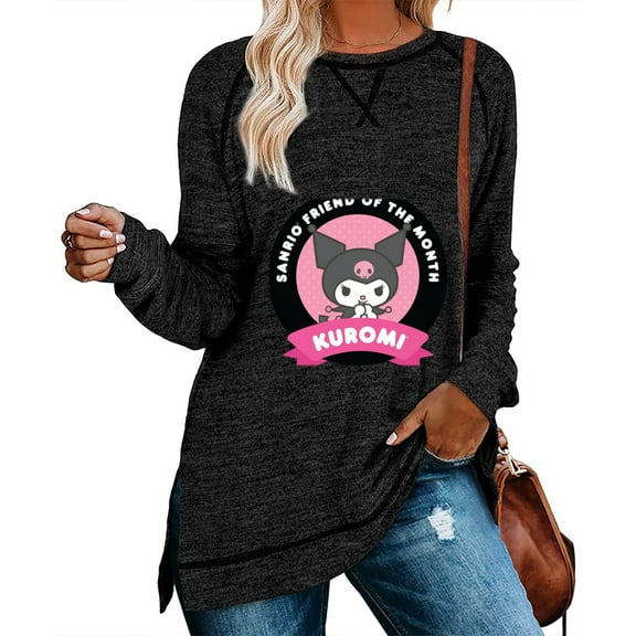 Kuromi Womens Sweatshirts Crewneck Loose Fitting Tops For Women Long Sleeve Shirts Pullover Black