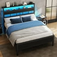 thumbnail image 3 of Furnulem Full Size Bed Frame with LED Light and Charging Station, Wood Storage Headboard with 2-Tier Shelves, Metal Platform Bed with Heavy Duty Slats Support, No Box Spring Needed, Black Oak, 3 of 9