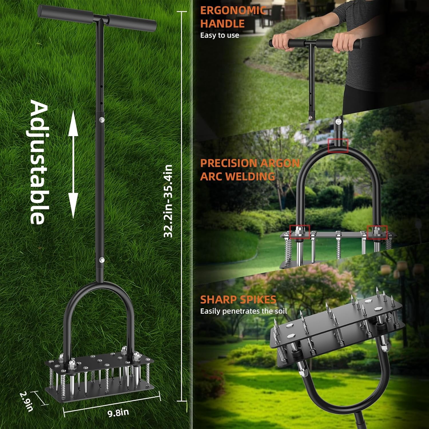 Manual Lawn Aerator Tool with 15 Spikes, 32"-35" Adjustable T-Handle Aerator for Lawn, Automatic Dirt Ejection Design, Heavy Duty Yard Grass Aerator for Soil Compaction，Black