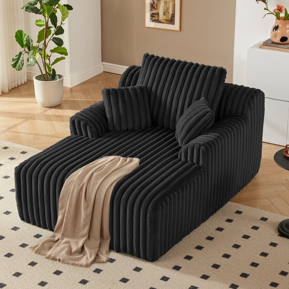 Weture Oversized Chaise Lounge Chair with three Pillows, Corduroy Boneless Couch, Sleeper Sofa, Black