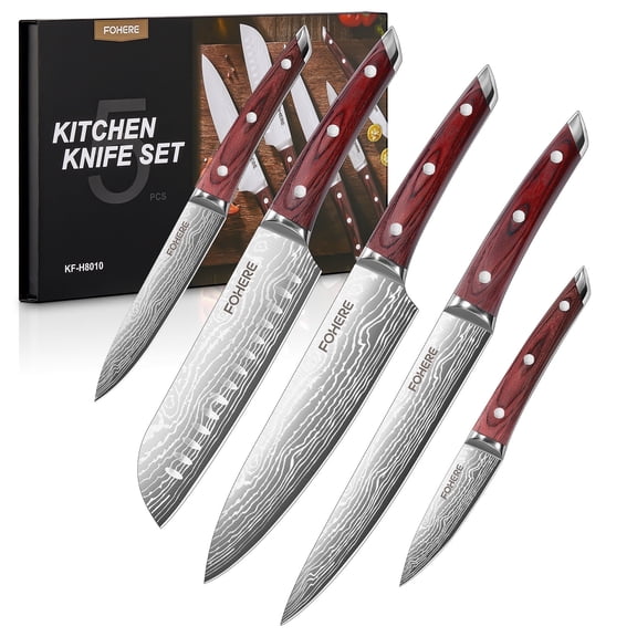FOHERE 5-Piece Kitchen Knife Set with Ergonomic Pakkawood Handle, Ultra Sharp Chef Knife Set, High Carbon Stainless Steel for Gift
