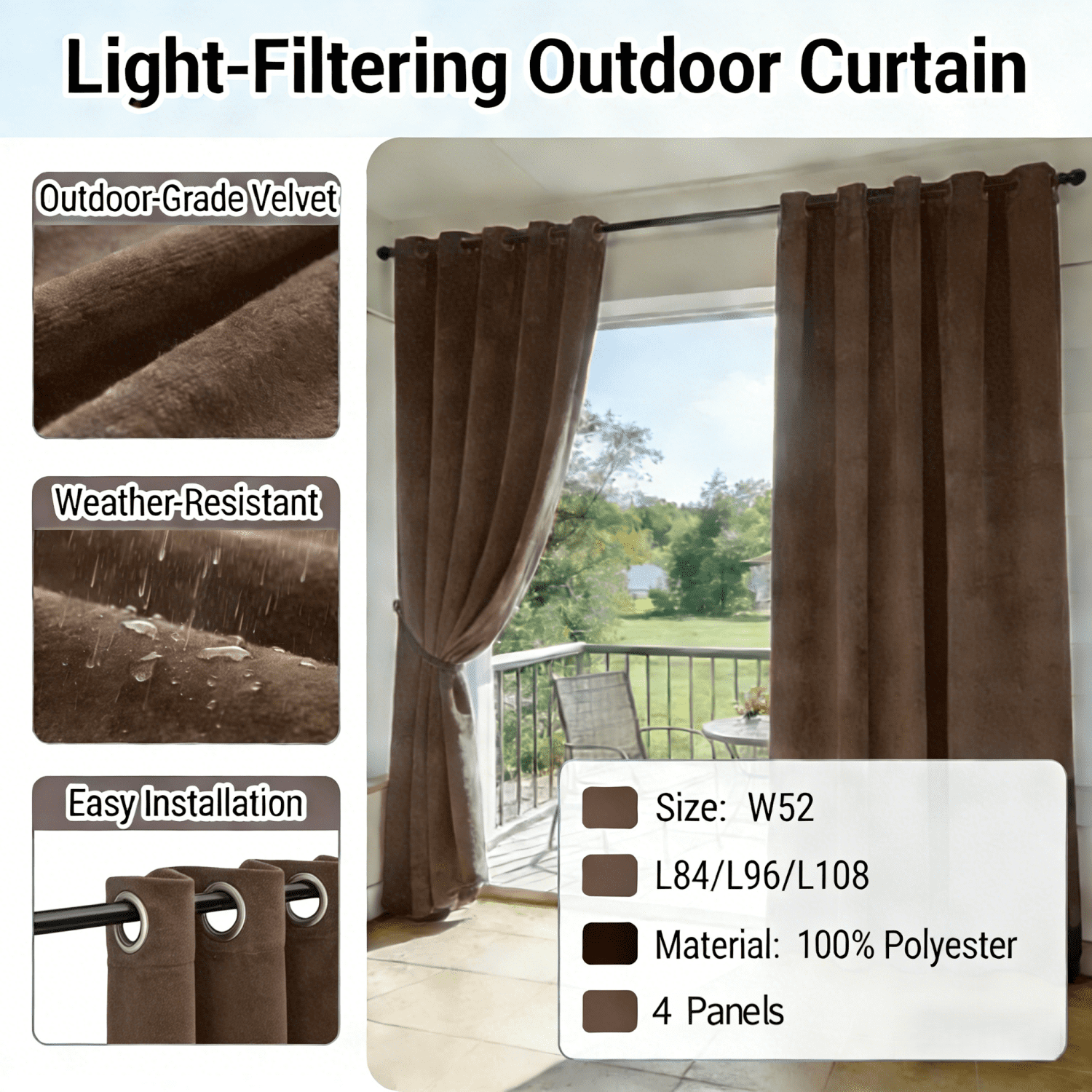 SNITIE Velvet Outdoor Curtains 52x84/96/108 Inch Set of 4 - Grommet Top, UV & Water Resistant, Fade-Resistant, Machine Washable for Gazebo Patio Porch