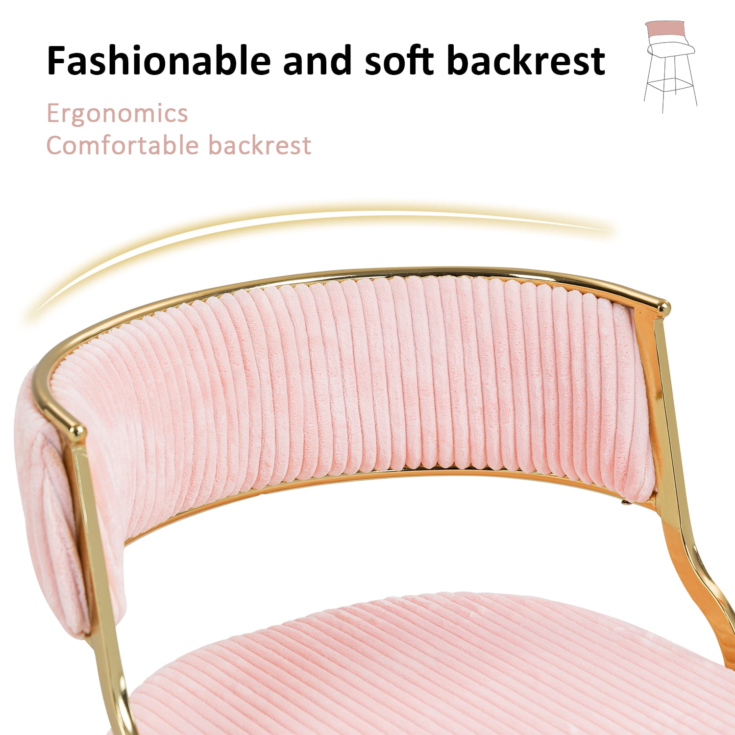 Peispie 25" Counter Height Bar Stools Set of 2, Modern Corduroy Barstools with Low Back and Gold Metal Legs, Padded Kitchen Island Chairs with Footrest for Home Bar, Pink