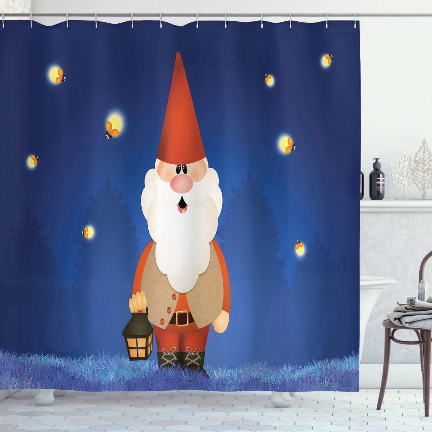 Gnome Shower Curtain, Garden Elf at Night Holding a Lantern and Surrounded by Fireflies Cartoon