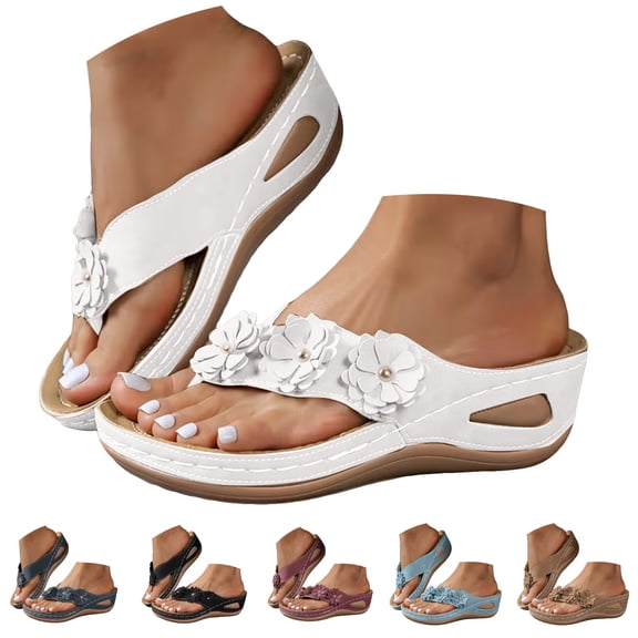 Dakaela Wedge Sandals Women Flower Platform Dressy Summer Flip Flops Arch Support Comfortable Slip on Orthopedic Thong Slides Size 6-10 Black