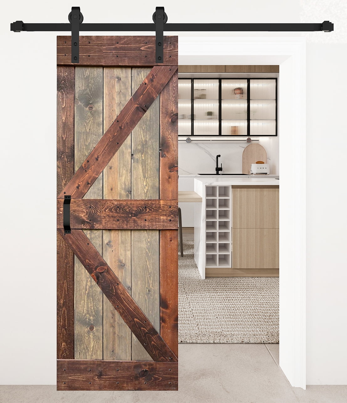K Style 30in x 84in Knotty Pine Sliding Barn Door with Black Hardware