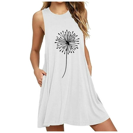 

Ruidigrace Summer Dresses For Women Wedding Guest Sleeveless Fashion Pocket Dandelions Printing Casual Nightdress Dress