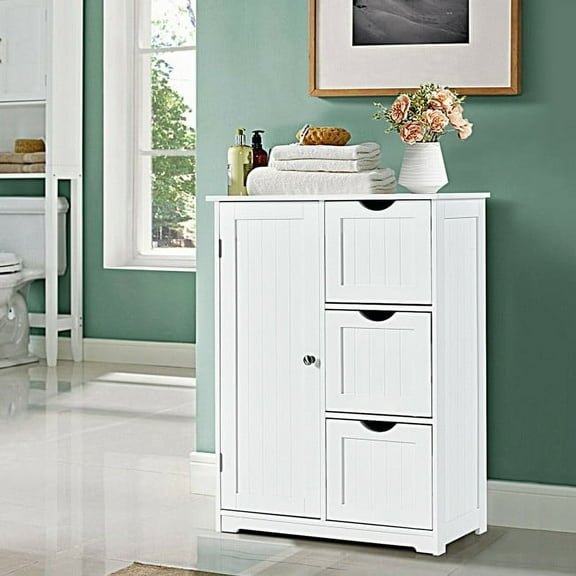 Furnibear Bathroom Floor Cabinet Side Storage Cabinet with 3 Drawers and 1 Cupboard White