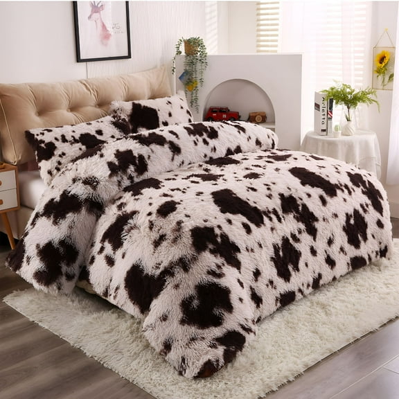 ACDANC Plush Shaggy Fuzzy Duvet Cover Set Brown White Cow Print Soft Crystal Velvet Twin Bedding Set (1 Faux Fur Duvet Cover   1 Faux Fur Pillowcases)