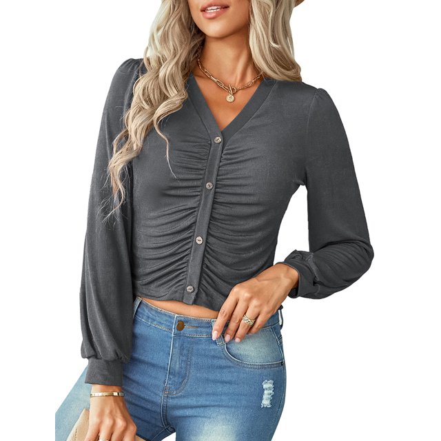 Camisa de mujer de manga larga con cuello en V Botones Crop Casual Cardigan Abanopi Cárdigan de mujer