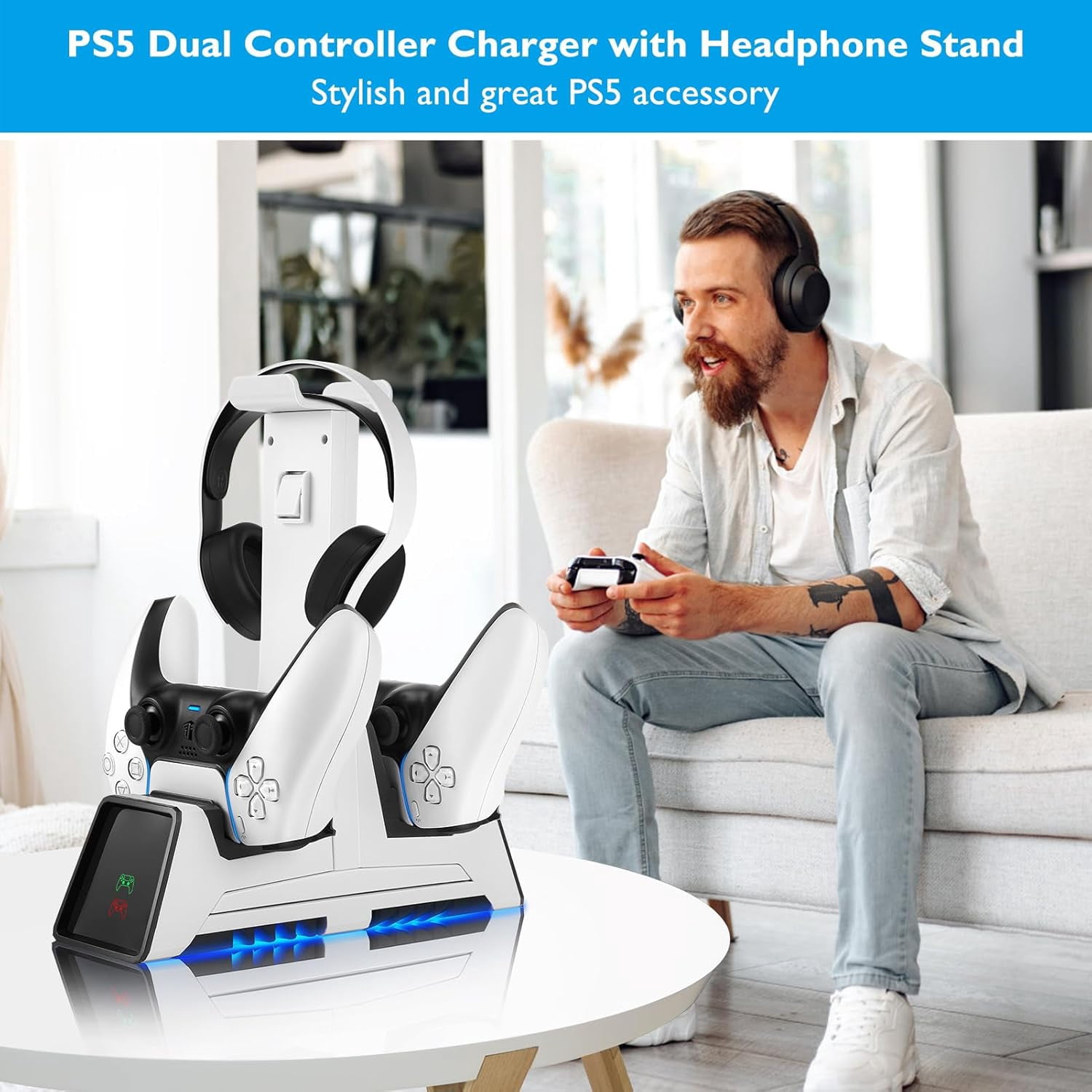 3 in 1 Controller Charging Station for PS VR2 / PS5 / PS5 Edge with 5V/3A Adapter & Led Light, Wireless Controller Charger Dock for Playstation 5, Charging Stand with VR2 Headset Holder
