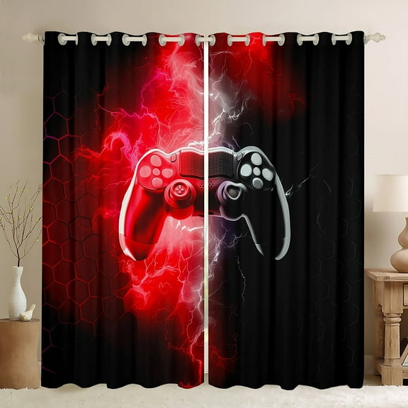 Erosebridal Video Game Curtains and Drapes (38Wx54L),Black Red Blackout Curtains for Bedroom,Lightning Honeycomb Curtains Pack of 2 (38Wx54L),Geometric Room Decor