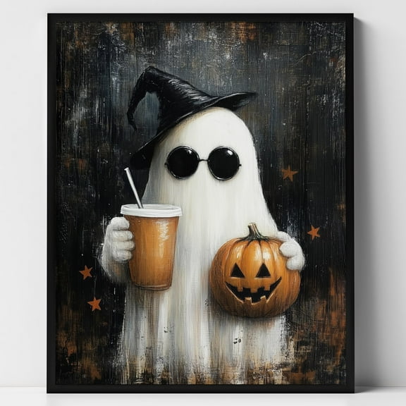WestConfe Ghost with Coffee Print, Ghost Drinking Coffee Vintage Halloween Wall Art, Dark Academia Room Decor