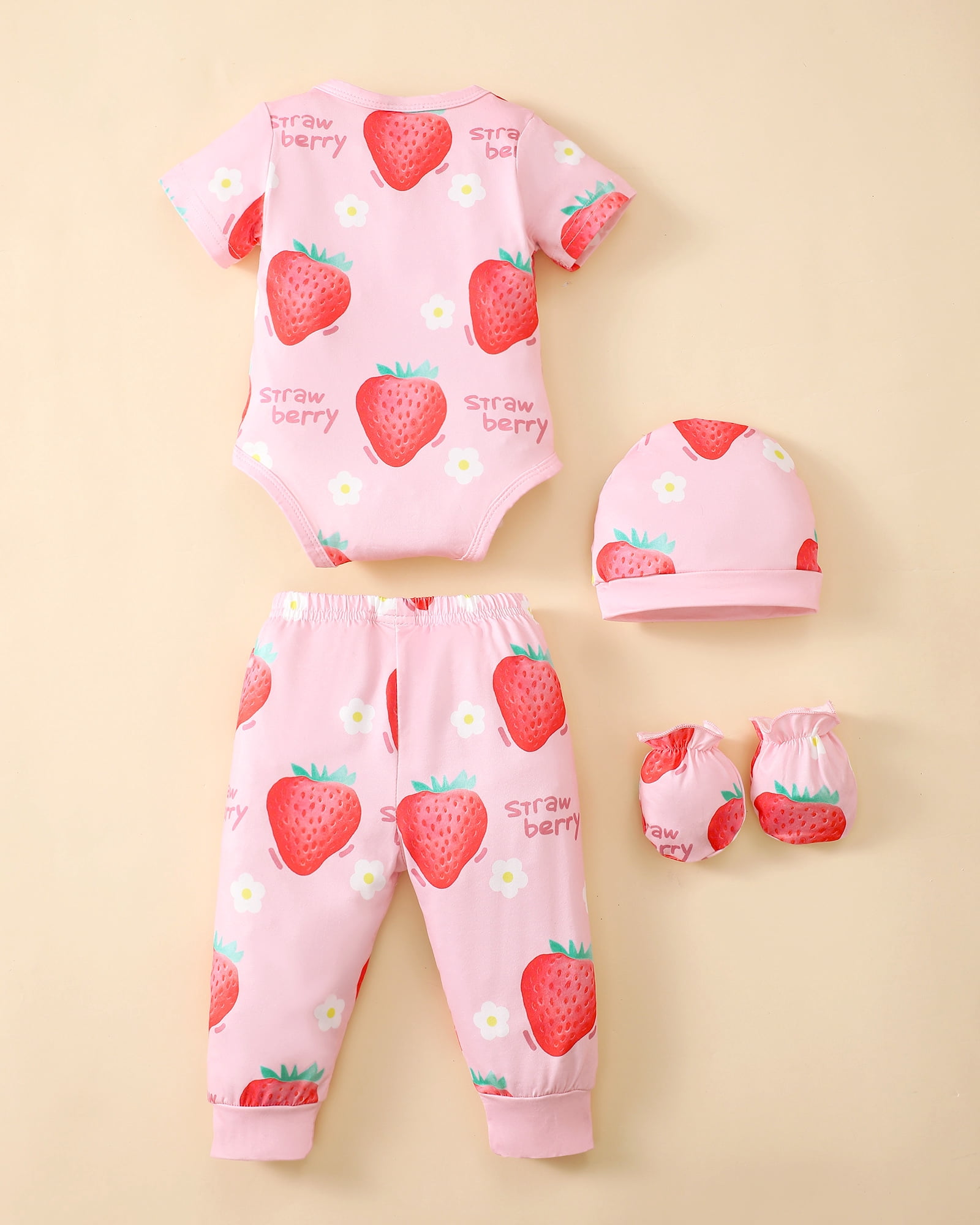 KIMI BEAR Newborn Baby Girls Summer Outfits 0-3 Months 4-Pack Layette Set Short Sleeves Romper Top Strawberry Watermelon Floral Pants Set Hat Gloves 16Pcs Pink