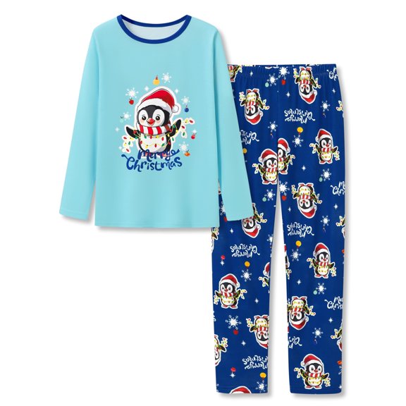 Beezizac Little & Big Girls Pajama Christmas Blue Penguin Long Sleeves Sets Cozy Kids 2-Piece PJ Set Nightwear Size 10