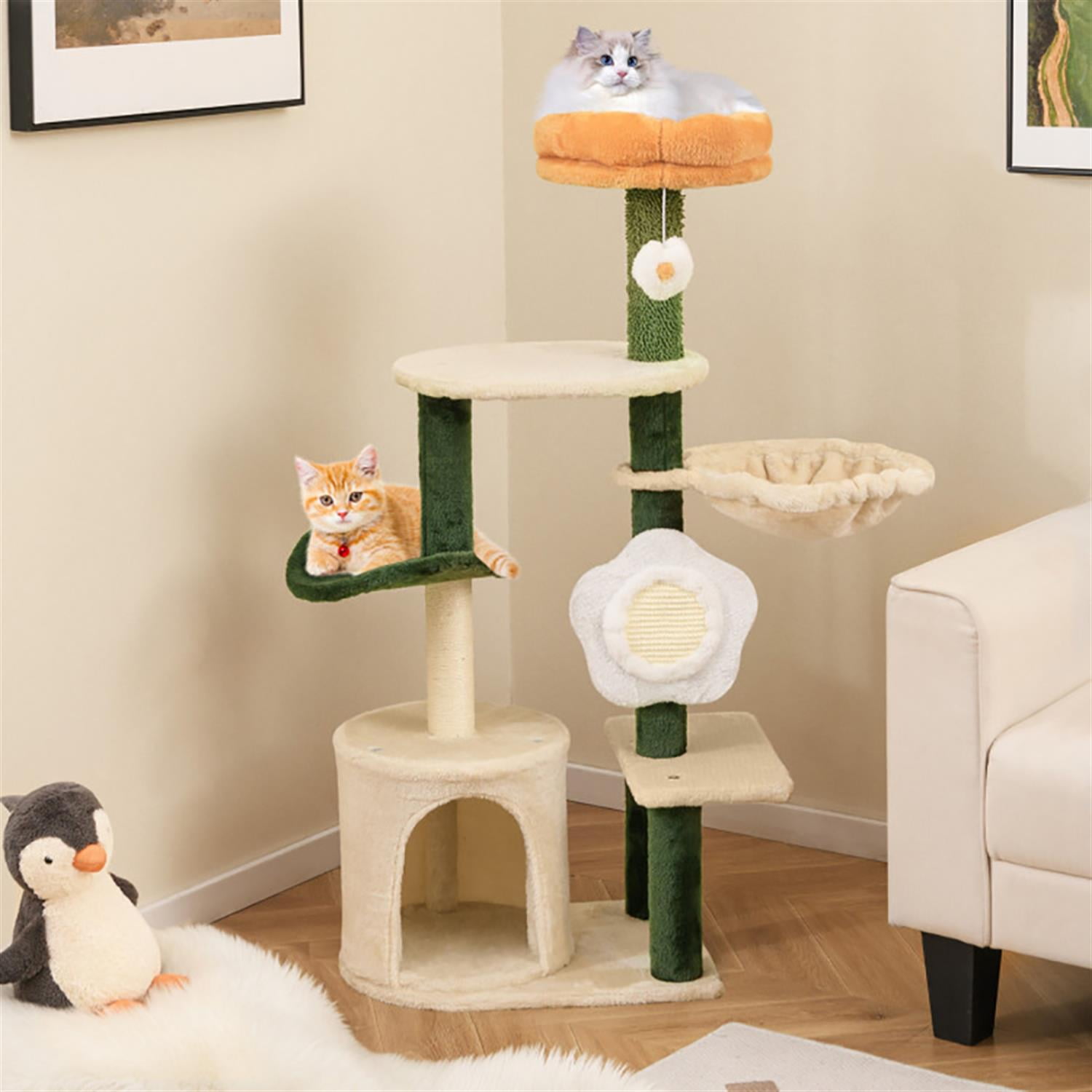 Kadyn 71" Cat Tree Tower with Hammock for Indoor Cats, Cute Flower Cat Tree House with Scratching Posts and Dangling Ball, Beige