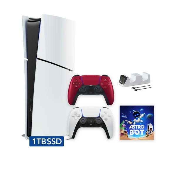 PlayStation 5 Slim Digital 1TB SSD ASTRO BOT Console with Two Controllers, White and Volcanic Red DualSense and Dual Controller Charger - PS5 Slim Digital Console