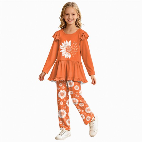KPOPLK Toddler Girl Clothes 2-12Years Fall Outfits Girls 2Pcs Long Sleeve Ruffle Shirt and Loose Fit Pant Outwear,Size 5-6 Years