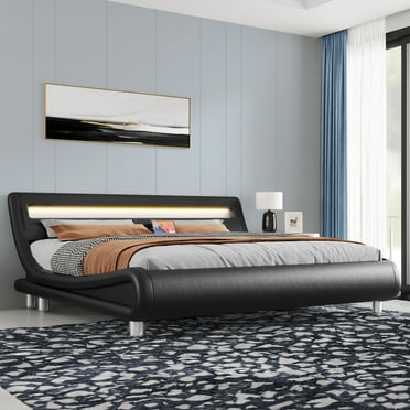 Uforic King Size PU Leather Bed Frame with Adjustable LED Headboard, Built-in Charging Station, Upholstered Platform Bed, Requires No Box Spring (Black)