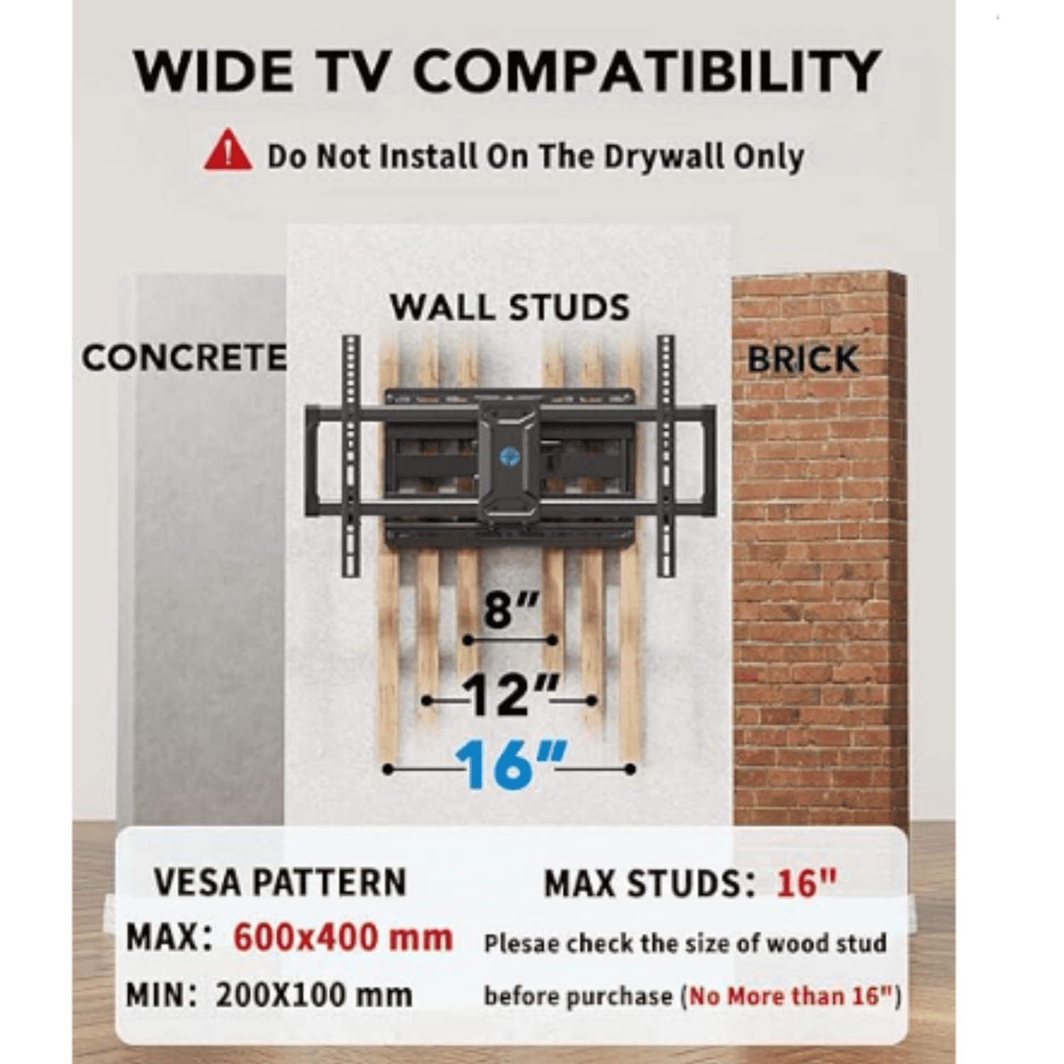 Full Motion TV Wall Mount for 42-85 inch Flat Screen LED TV up to 132lbs Swivel Dual Articulating Arms Mount, Tool-Free Tilt Bracket Max VESA 600x400mm, Fits 8” 12” 16" Wood Studs