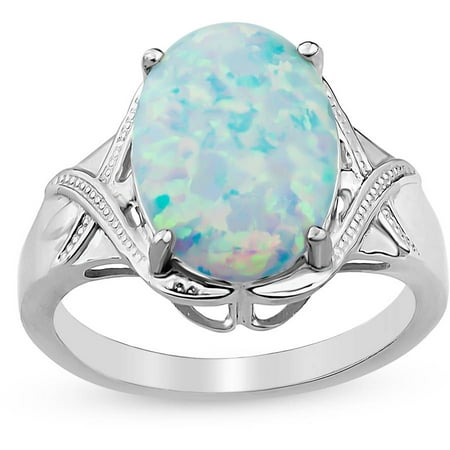 Created Opal Sterling Silver Oval X Shank Ring