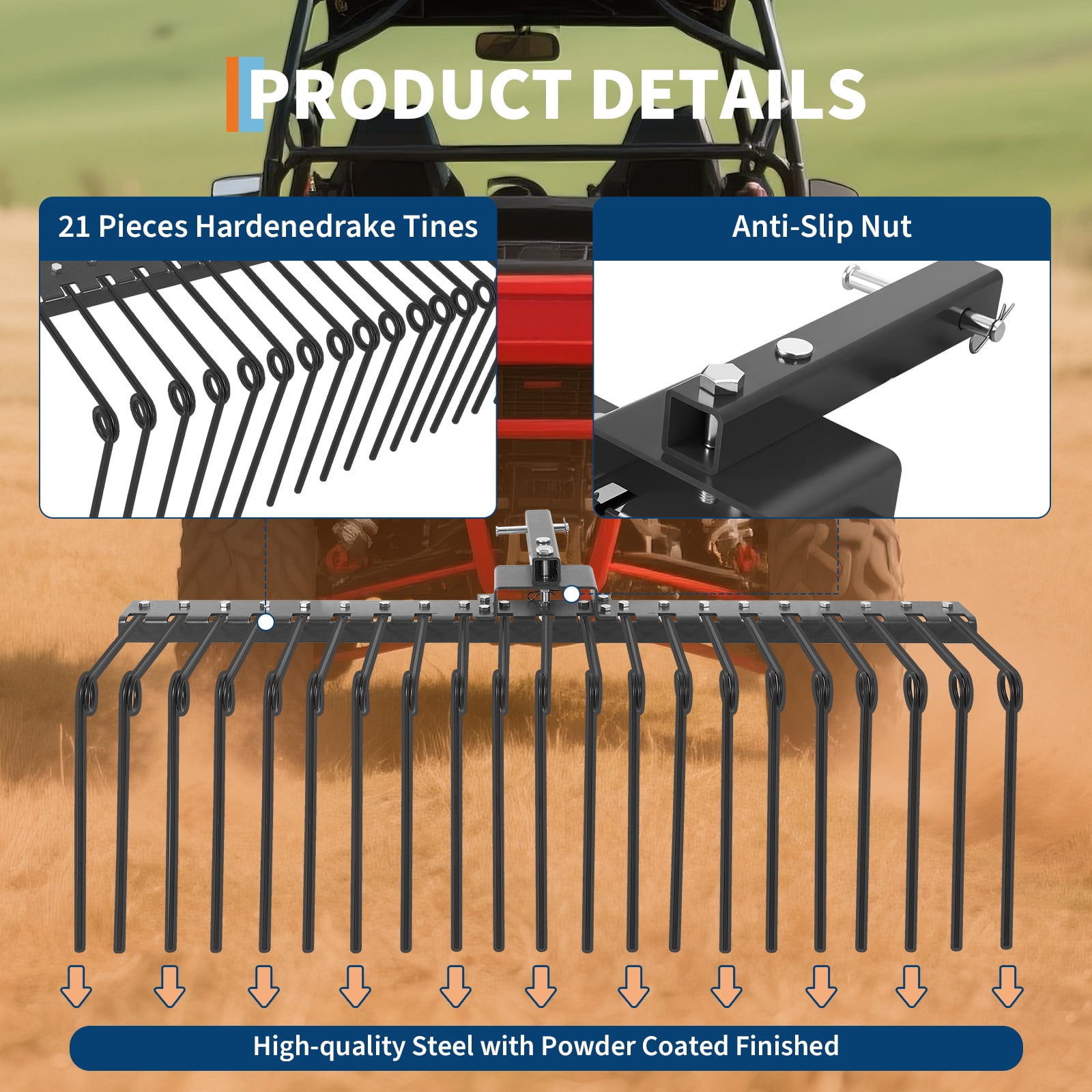 Heavy Duty Landscape Rake Attachment – 48 Inch Steel Pine Straw Rake with 20 Spring Steel Tines, Fits 2" Receiver for Lawn Tractor, ATV, UTV, Ideal for Yard Debris Cleanup | 48 inches | Xingqu sku