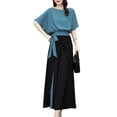 thumbnail image 2 of Favoffer Women's Color Block 2-Piece Casual Outfit Short Sleeve Tie-Waist Top and Wide Leg Pants Set, 2 of 9