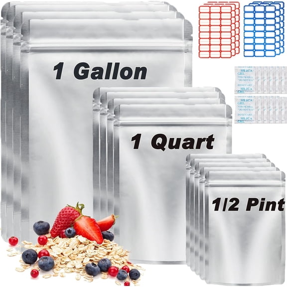 100 Pack Mylar Bags for Food Storage with Oxygen Absorbers, 1 Gallon 9.4 Mil 10"x14", 7"x10", 5"x7" Stand-Up Zipper Pouches Resealable Mylar Bags for Long Term Food Storage (144 Labels)