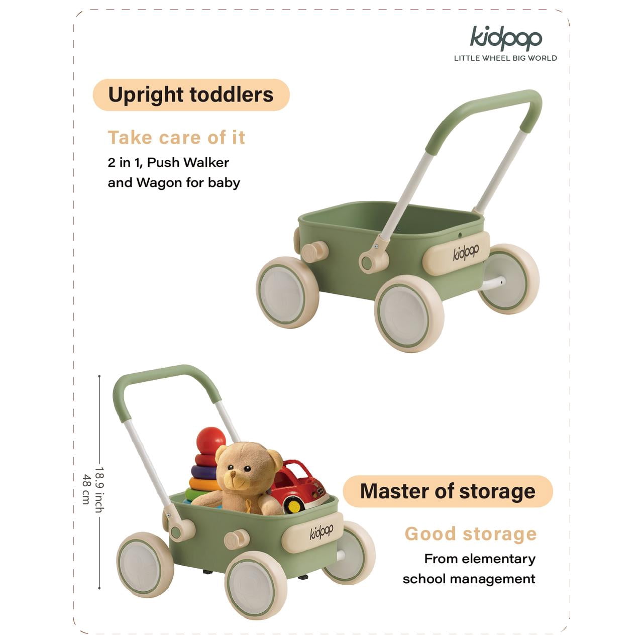 Kidpop PULA Baby Push Walker with Wheels Toddler Wagon for First Learner Baby Toys 6-12 Months, 1 Year Old Birthday Gifts, Indoors and Outdoors