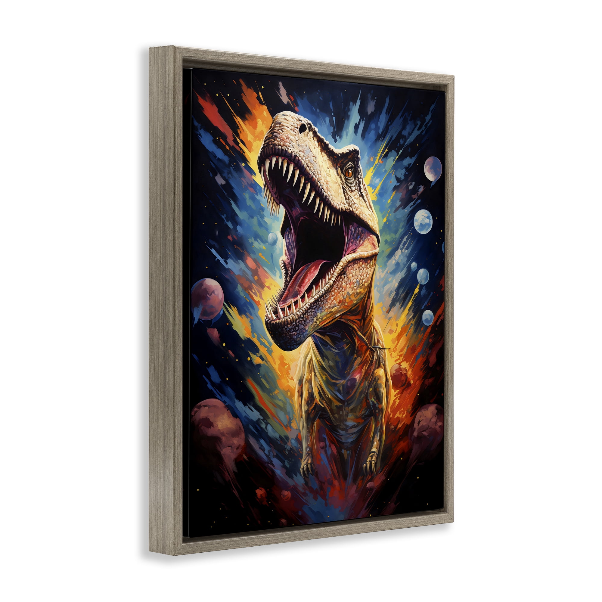 Stupell Industries Dinosaur with Planets Brown Framed Floater Canvas Wall Art, design by Creative Studio