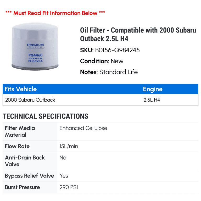 Oil Filter Compatible with 2000 Subaru Outback 2.5L H4 Walmart