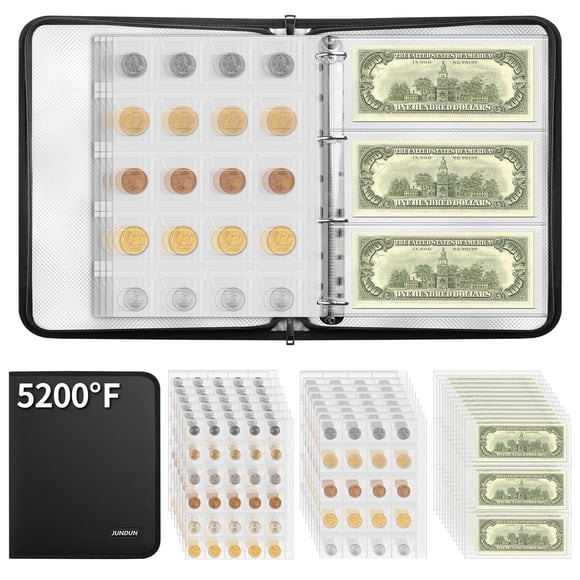 JUNDUN 5200℉ Coin Collection Book ,300 Pockets Fireproof Coin Albums for Collectors & 36 Sleeves Paper Money Binder Holder