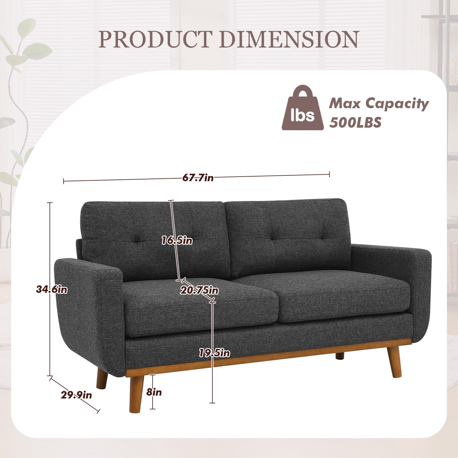 MOONMISS 67" Velvet Loveseat Couch, Modern Small Sofa With Walnut Wood Legs 2-seater Fabric Upholstered Mini Sofa Couches For Small Space,living Room Bedroom Office Dorm Apartment,Dark Gray