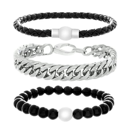 Reinforcements 3PC Mens Bracelet Set with Leather and Beads in Stainless Steel