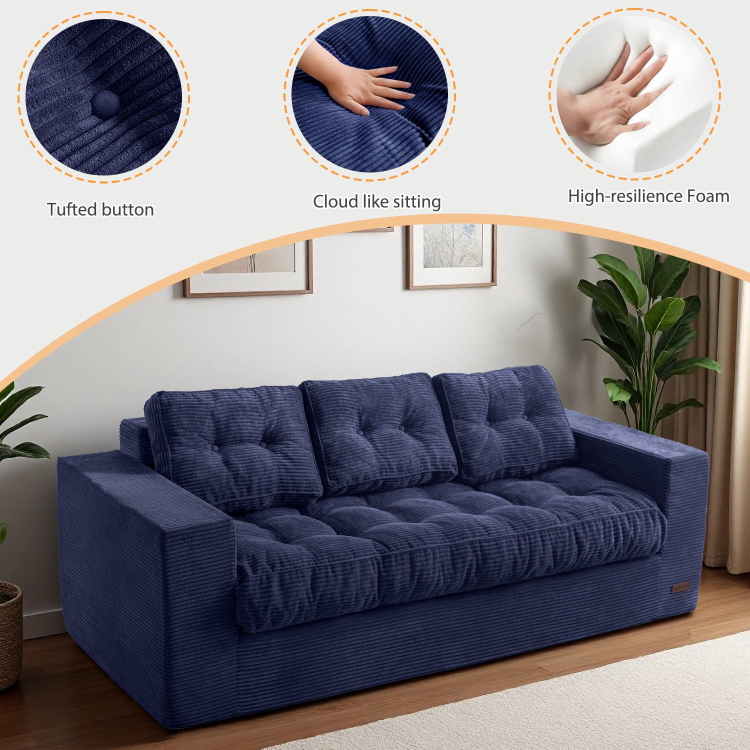 BYBYME 3 Seater Couch with Tufted Cushion & Backrest,Corduroy Floor Sofa with Armrests for Living Room Bedroom Office,Sofa in A Box,No Assembly Required,Navy